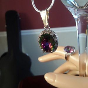 Lab Opal Pendant Necklace with 2 pair Earrings, Ring Size 8 Special Event Set.